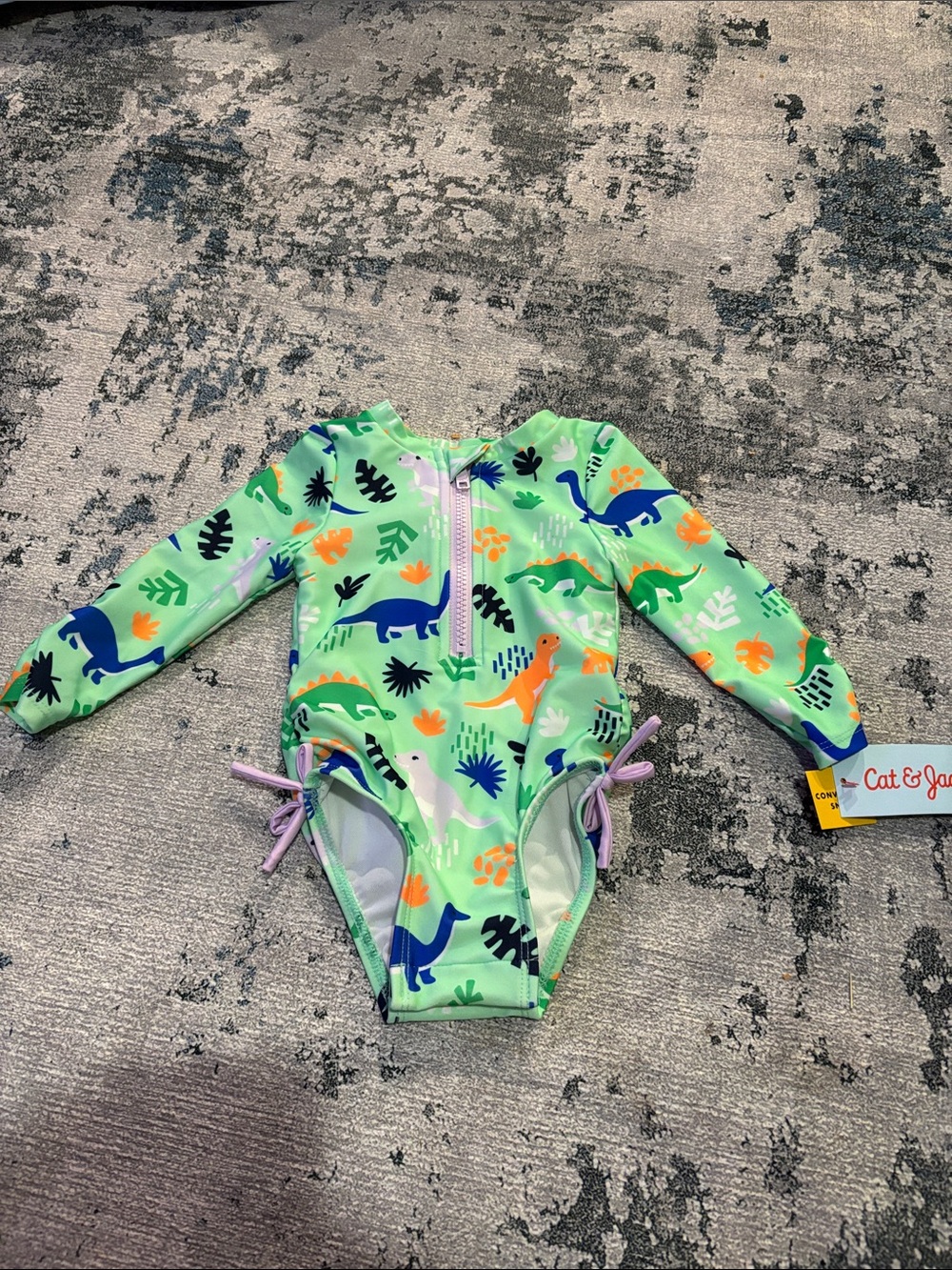 Cat & Jack Mint Green Dinosaur Long-Sleeve One-Piece Swimsuit